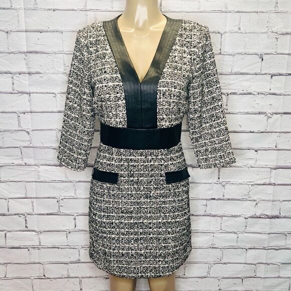 Alexia Admor Women's Black & White Zenia Tweed V-Neck Fit & Flare Dress Size 6 - Picture 1 of 9